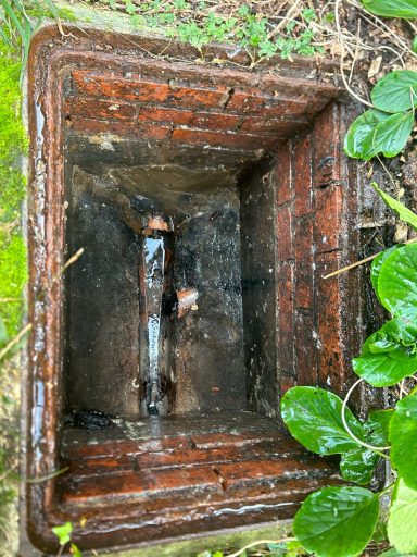 An old, rectangular brick structure surrounded by green foliage.